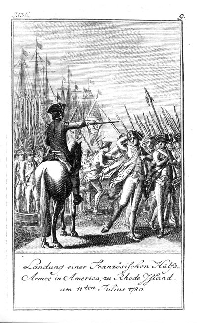 A francia segédhadsereg partraszállása az amerikai Rhode Islanden, 1780. július 11. alkotó: German School